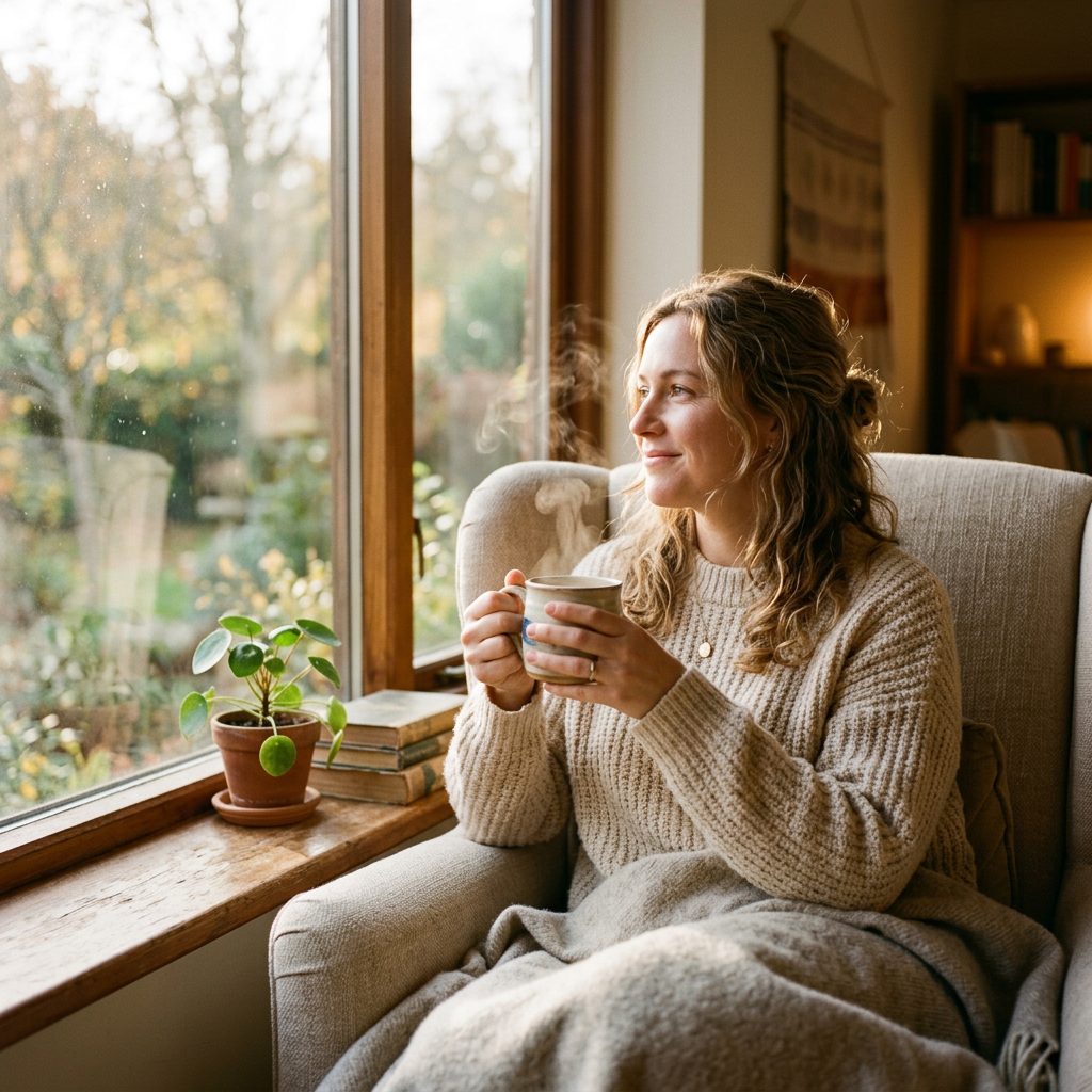 Mujer disfrutando café y bienestar